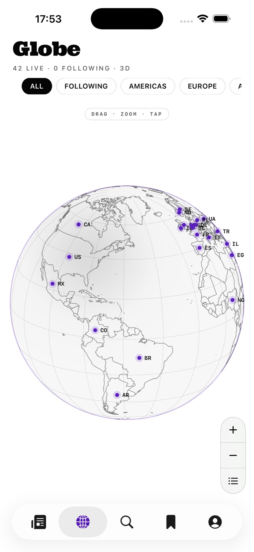 Spin News 3D globe screen with live countries
